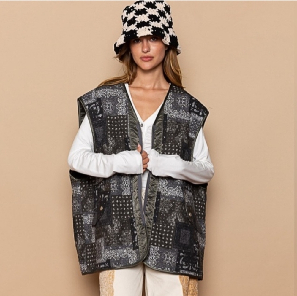 POL OVERSIZED Boho Style Patchwork Bandana Quilted Reversible Vest Front Zipper - Picture 16 of 16